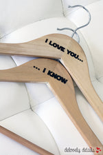 Load image into Gallery viewer, Space/Galaxy/Sci-Fi Themed Wedding Hanger set for Bride and Groom - Personalized Laser Hangers - Wedding Hanger - Wooden Engraved Hanger
